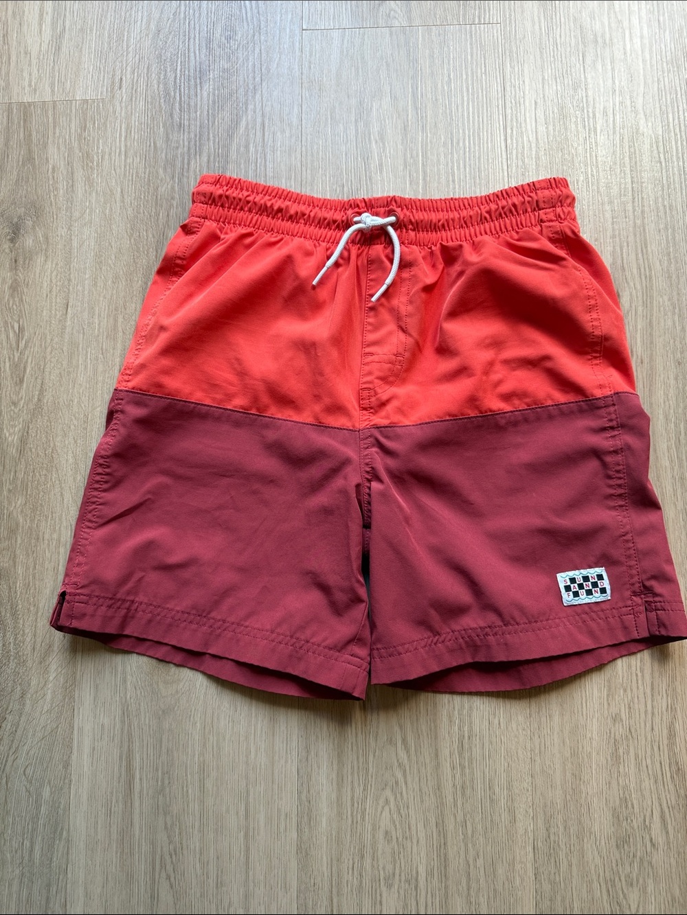 Boys Two-Tone Red Swim/Board Shorts with Drawstring